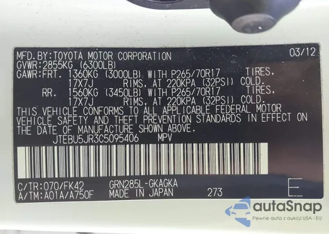 2012 Toyota 4Runner Sr5 z USA, uszkodzony, nr VIN JTEBU5JR3C5095406